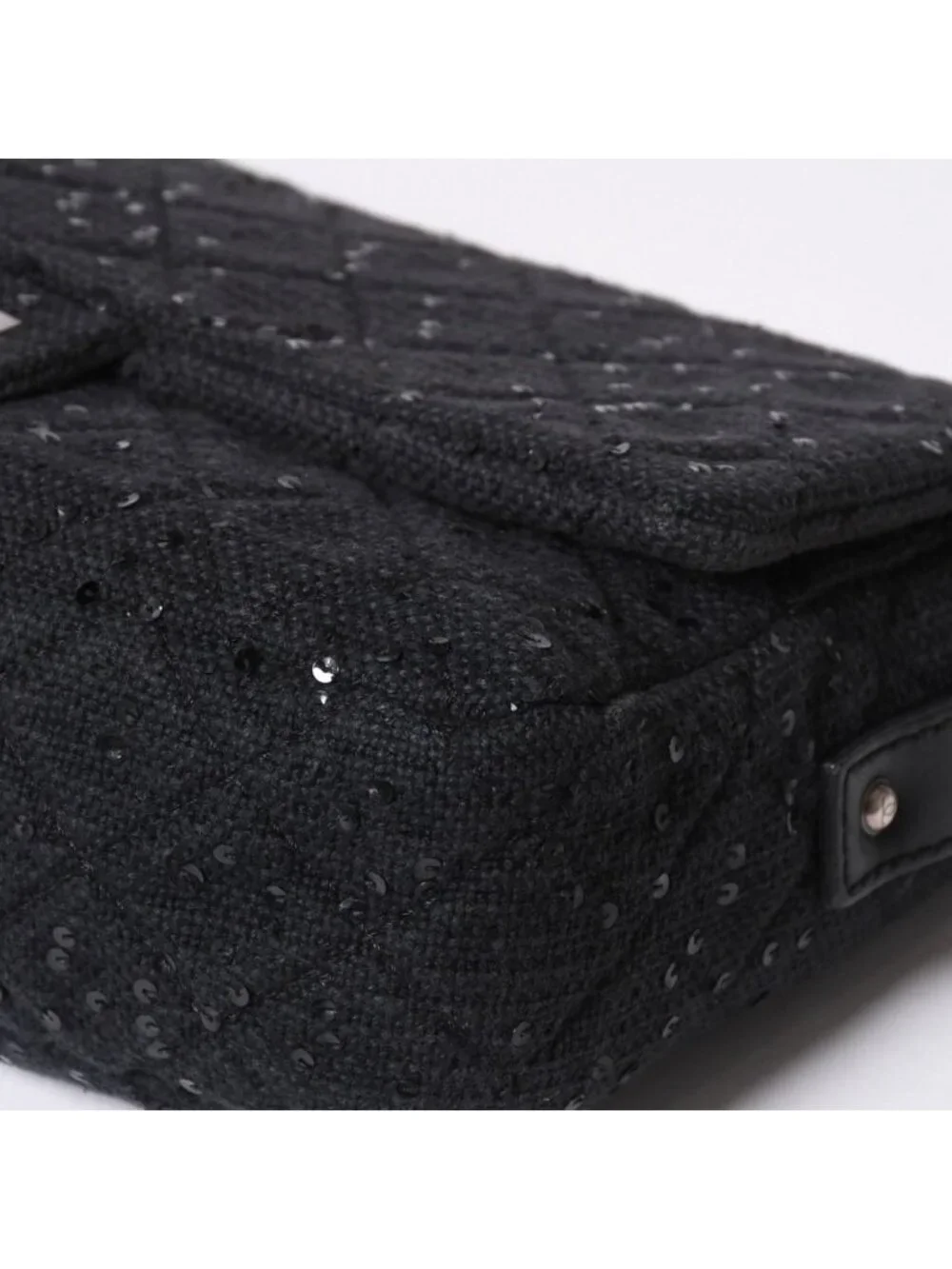 Chanel 2.55 Shoulder Bag CC Logo Sequins Canvas Leather Black